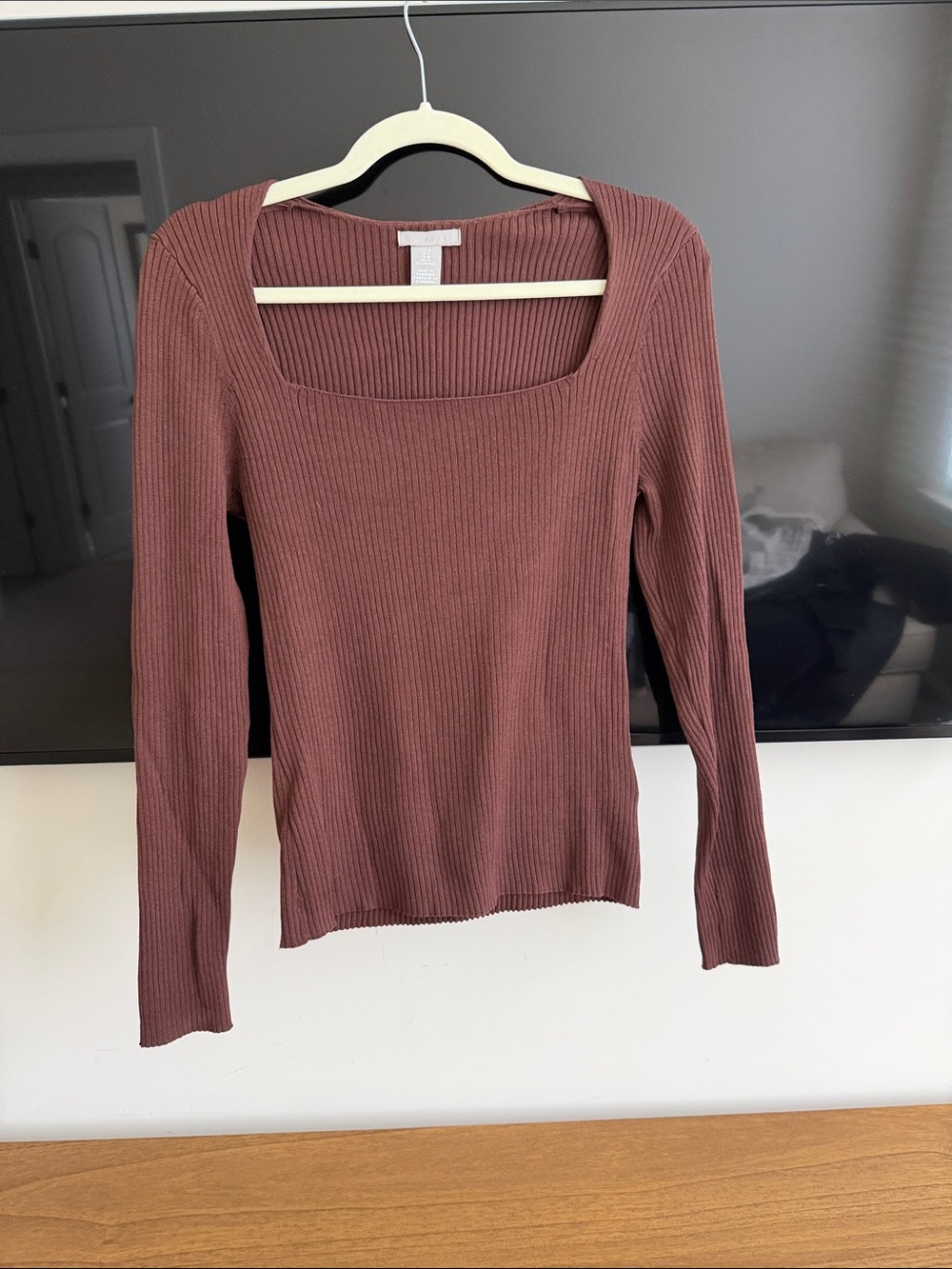 H&M Ribbed Square-Neck Long-Sleeve Top - Mauve Brown